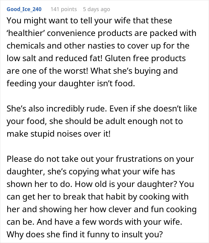 Text screenshot discussing frustrations over wife's food choices and complaints. Text screenshot discussing frustrations over wife's food choices and complaints.