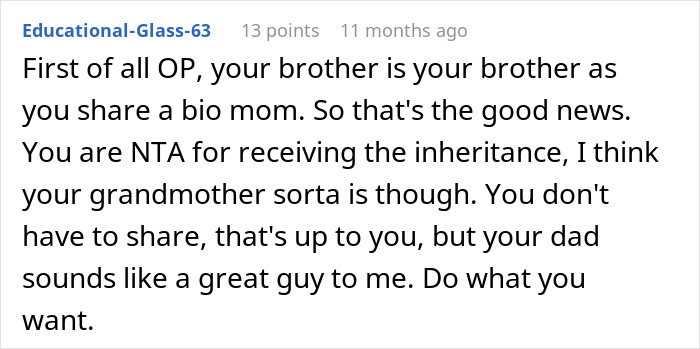 Reddit comment discussing inheritance decision and family dynamics. Reddit comment discussing inheritance decision and family dynamics.