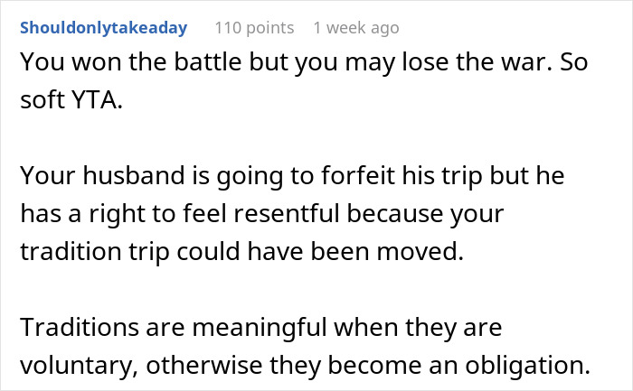 Reddit comment discussing family tradition and relationship balance in a "YTA" post. Reddit comment discussing family tradition and relationship balance in a "YTA" post.