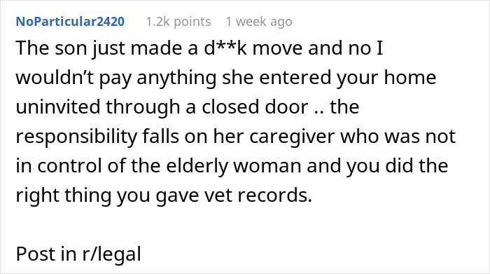 Text from a legal forum comment discussing a dog bite incident involving a house break-in and refusal to pay. Text from a legal forum comment discussing a dog bite incident involving a house break-in and refusal to pay.