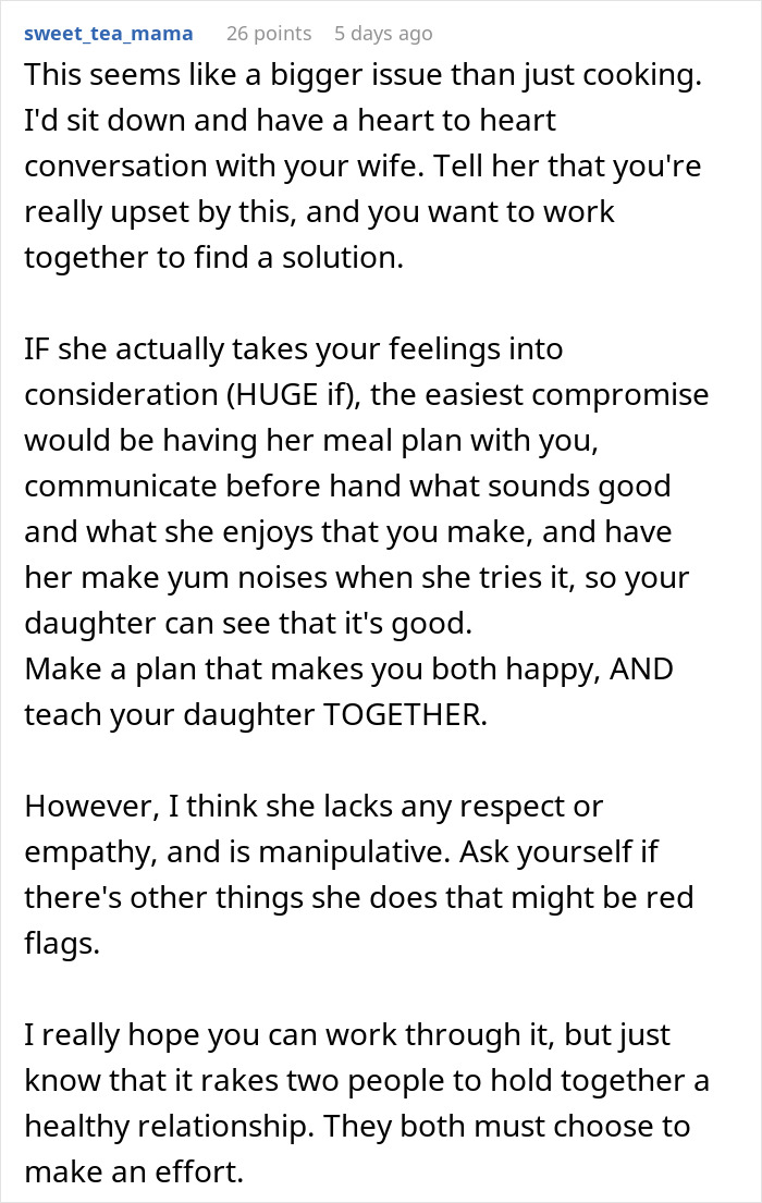Comment offering relationship advice on handling food complaints and finding solutions together. Comment offering relationship advice on handling food complaints and finding solutions together.