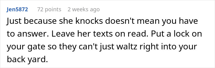 Comment screenshot about HOA president incident with new resident, advising to ignore texts and secure the yard. Comment screenshot about HOA president incident with new resident, advising to ignore texts and secure the yard.