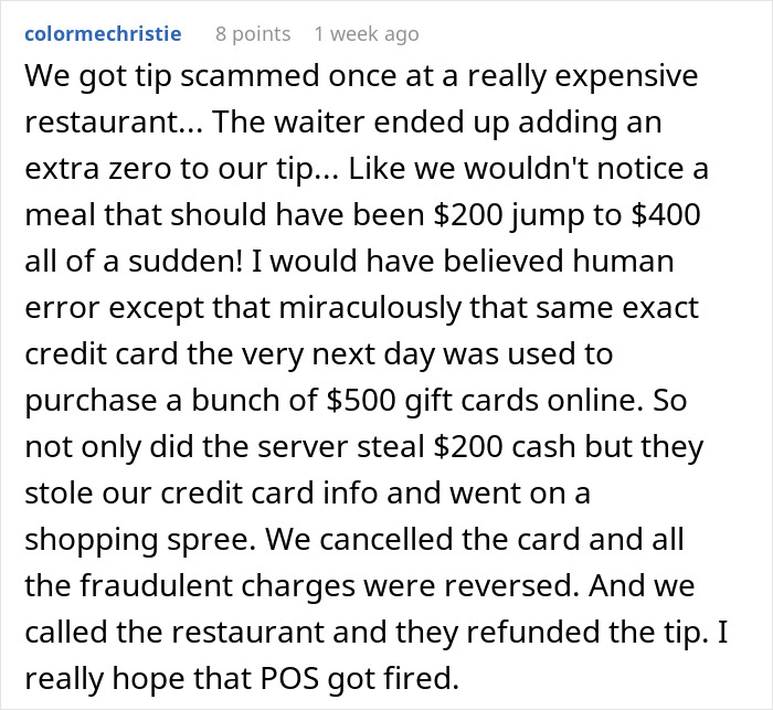 Text about a cashier giving himself a stealth tip, adding an extra zero to a tip, causing credit card fraud. Text about a cashier giving himself a stealth tip, adding an extra zero to a tip, causing credit card fraud.