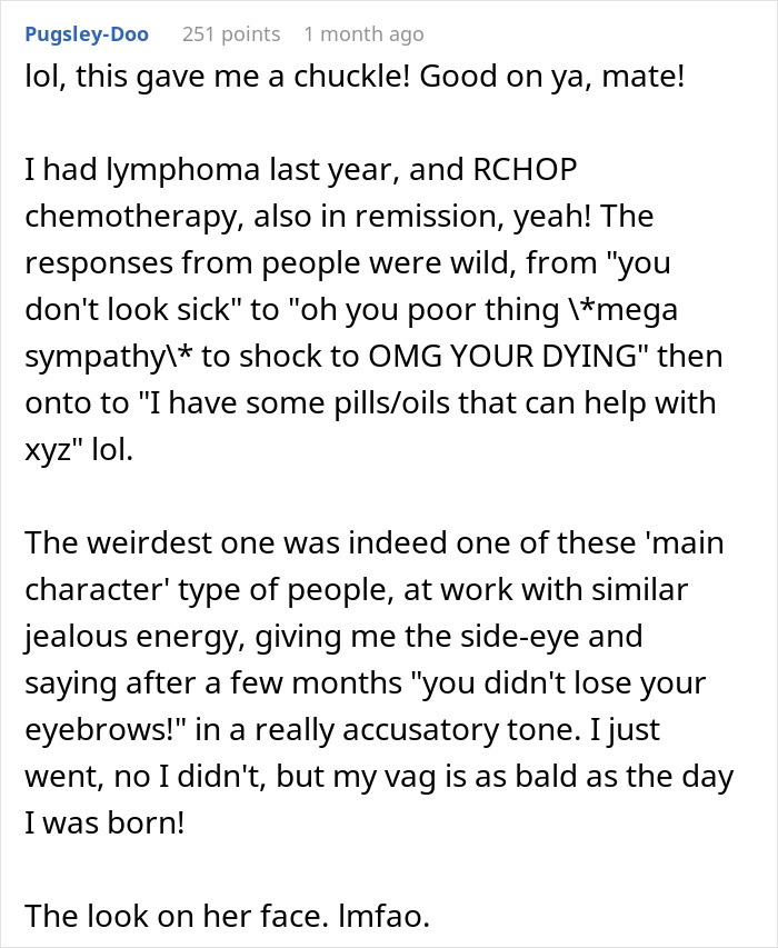 Employee shares reaction to a boss's insensitive comment about chemotherapy in an online forum post. Employee shares reaction to a boss's insensitive comment about chemotherapy in an online forum post.