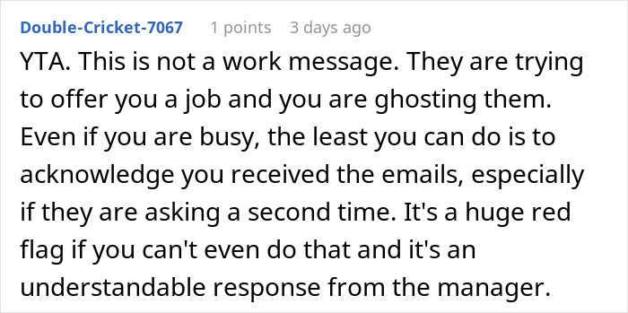 Reddit comment discussing getting fired before starting due to weekend message misunderstandings. Reddit comment discussing getting fired before starting due to weekend message misunderstandings.