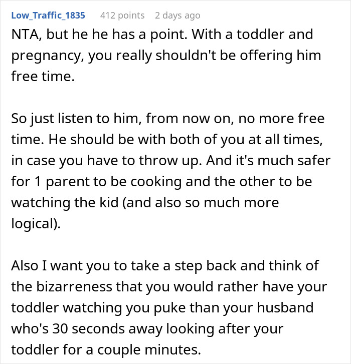 Reddit comment discussing toddler care and responsibilities with a pregnant wife and husband. Reddit comment discussing toddler care and responsibilities with a pregnant wife and husband.