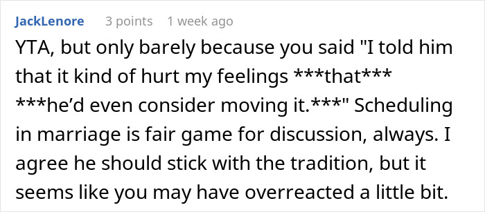 Text comment discussing feelings on a family tradition versus a new friendship. Text comment discussing feelings on a family tradition versus a new friendship.