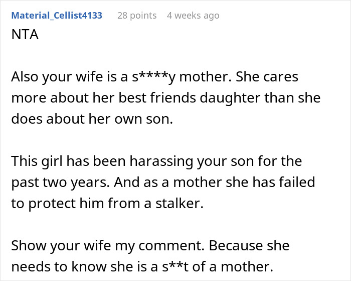 Reddit comment criticizing a mother’s lack of support for her son over a family friend's daughter. Drama unfolds. Reddit comment criticizing a mother’s lack of support for her son over a family friend's daughter. Drama unfolds.