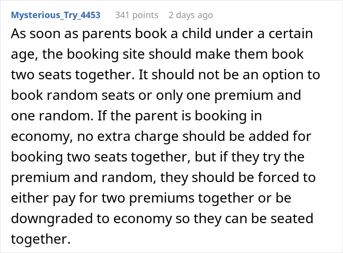 Text from an online forum discussing airplane seating arrangements for parents and children. Text from an online forum discussing airplane seating arrangements for parents and children.