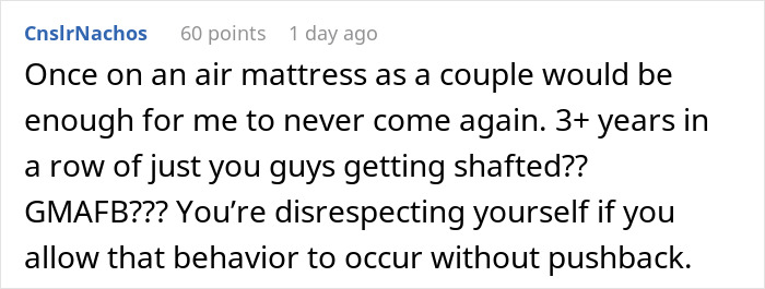 Comment discussing a couple on an air mattress during family holidays, highlighting frustration over repeated experiences. Comment discussing a couple on an air mattress during family holidays, highlighting frustration over repeated experiences.