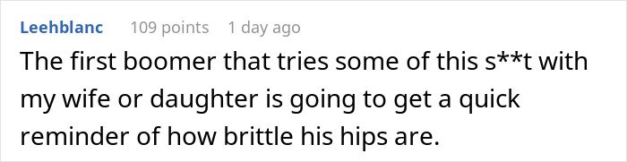 Comment highlighting sexism by older men, mentioning family and generational conflict. Comment highlighting sexism by older men, mentioning family and generational conflict.