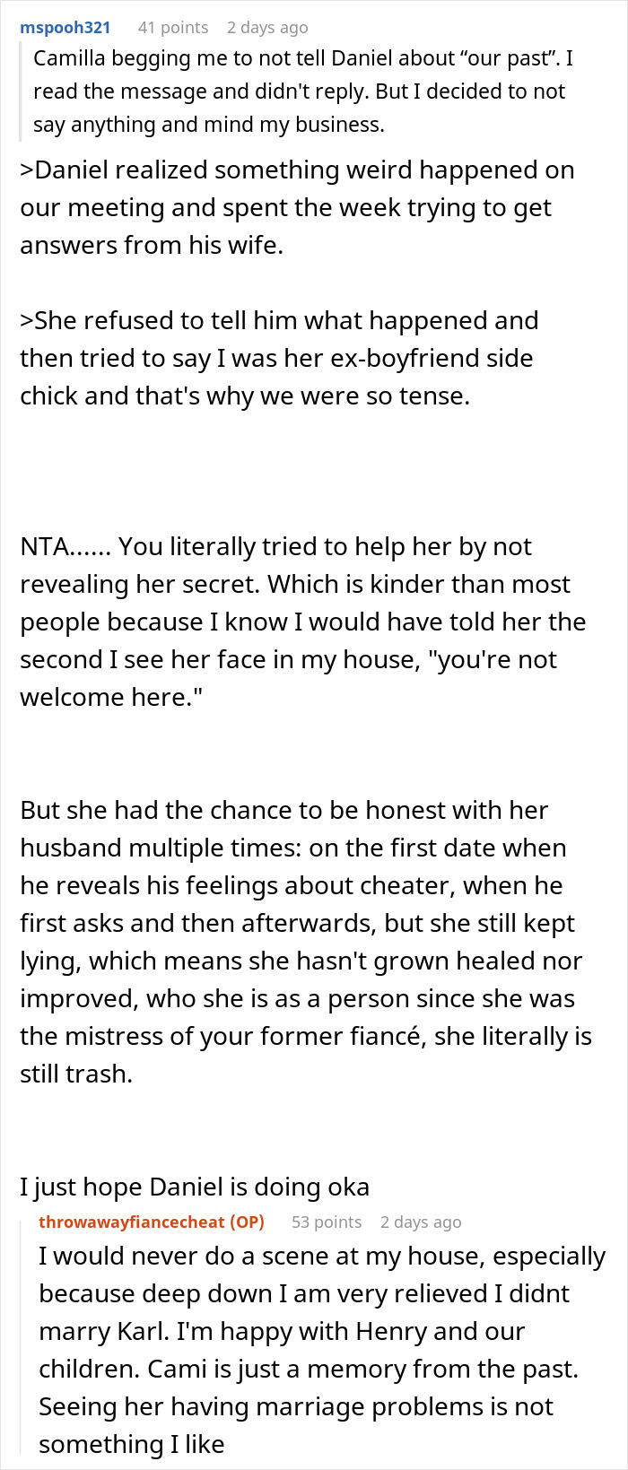 Reddit discussion about a woman revealing past infidelity to a mistress's new husband. Reddit discussion about a woman revealing past infidelity to a mistress's new husband.