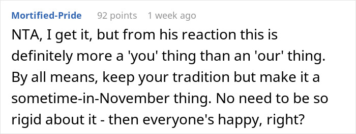 Reddit comment discussing family tradition vs. new friendship prioritization. Reddit comment discussing family tradition vs. new friendship prioritization.