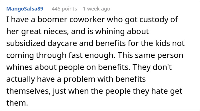 Boomer complains about others getting benefits in a Reddit post, showing irony in personal situation. Boomer complains about others getting benefits in a Reddit post, showing irony in personal situation.