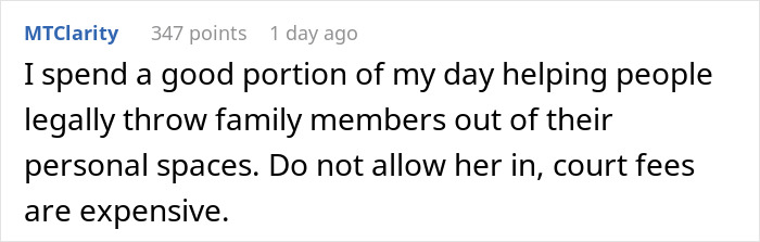 Text comment about family legal advice on eviction and high court fees. Text comment about family legal advice on eviction and high court fees.