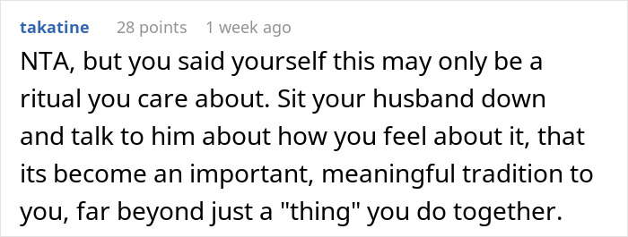 User comment discussing family tradition importance and communication with husband. User comment discussing family tradition importance and communication with husband.