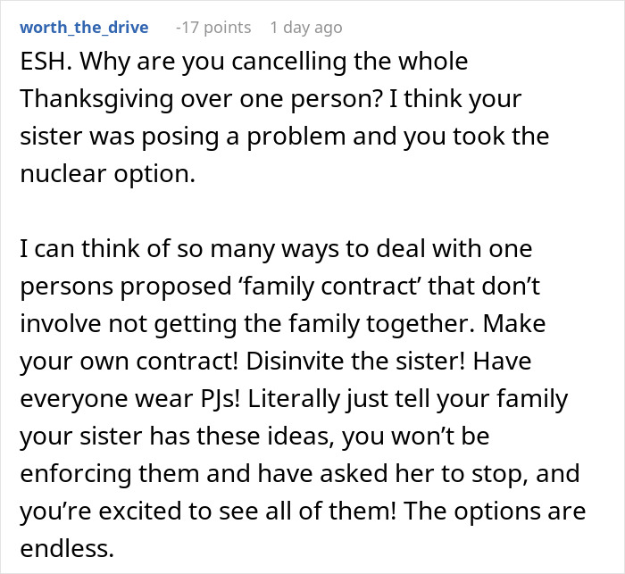 Reddit comment discussing canceling Thanksgiving due to sister's rules, suggests alternatives. Reddit comment discussing canceling Thanksgiving due to sister's rules, suggests alternatives.