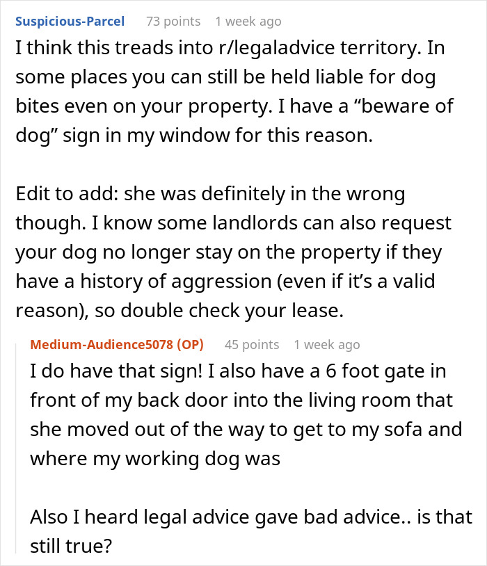 Reddit discussion about a woman refusing to pay $3,000 after her dog bit a trespasser in her home. Reddit discussion about a woman refusing to pay $3,000 after her dog bit a trespasser in her home.