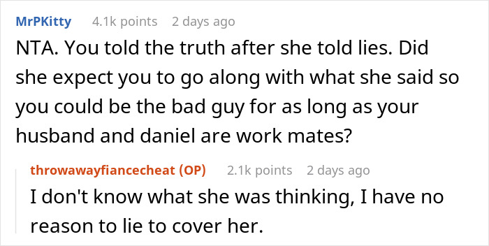 Reddit exchange discussing revealing a mistress's past, with users MrPKitty and throwawayfianceecheat sharing opinions. Reddit exchange discussing revealing a mistress's past, with users MrPKitty and throwawayfianceecheat sharing opinions.
