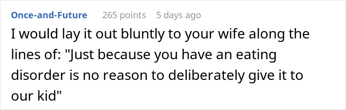Reddit comment discussing food-related complaints and addressing an eating disorder concern. Reddit comment discussing food-related complaints and addressing an eating disorder concern.