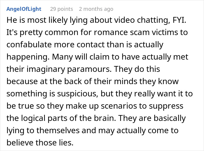 Text screenshot discussing victims of romance scams creating false narratives. Text screenshot discussing victims of romance scams creating false narratives.