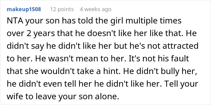 Reddit comment discussing a dad supporting his son, who isn’t interested in a family friend's daughter. Reddit comment discussing a dad supporting his son, who isn’t interested in a family friend's daughter.