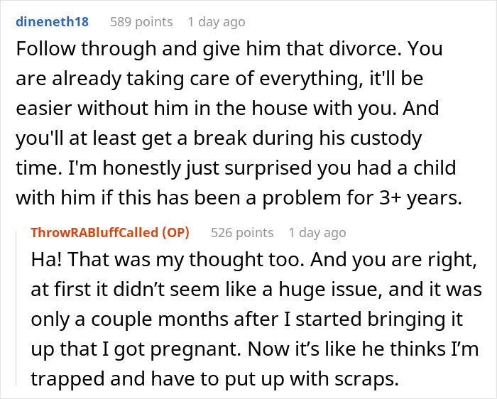 Reddit comments discussing a husband's attempted manipulation and relationship issues. Reddit comments discussing a husband's attempted manipulation and relationship issues.