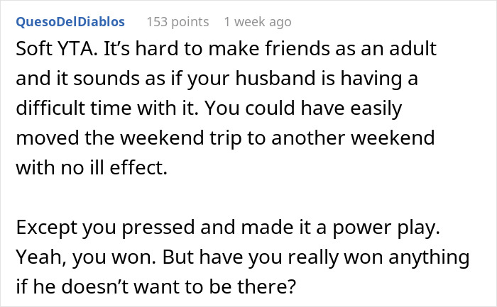 Comment discussing family tradition vs. new friendship priority with a YTA judgment. Comment discussing family tradition vs. new friendship priority with a YTA judgment.