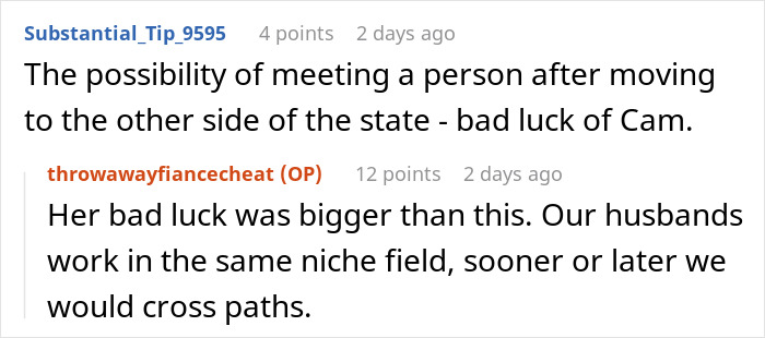 Reddit comments about an encounter with a mistress's past, discussing coincidences and shared professional fields. Reddit comments about an encounter with a mistress's past, discussing coincidences and shared professional fields.