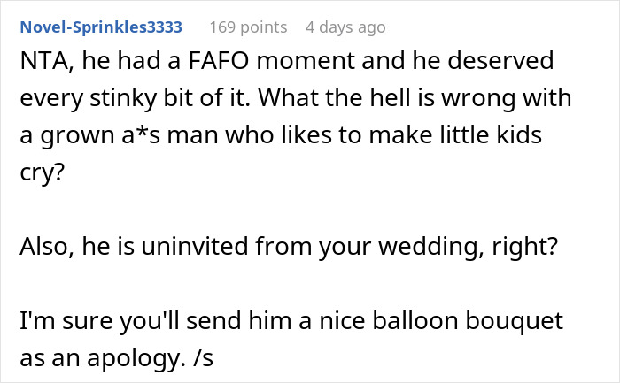 Reddit comment discussing fart spray prank as a response to a cruel uncle's behavior. Reddit comment discussing fart spray prank as a response to a cruel uncle's behavior.