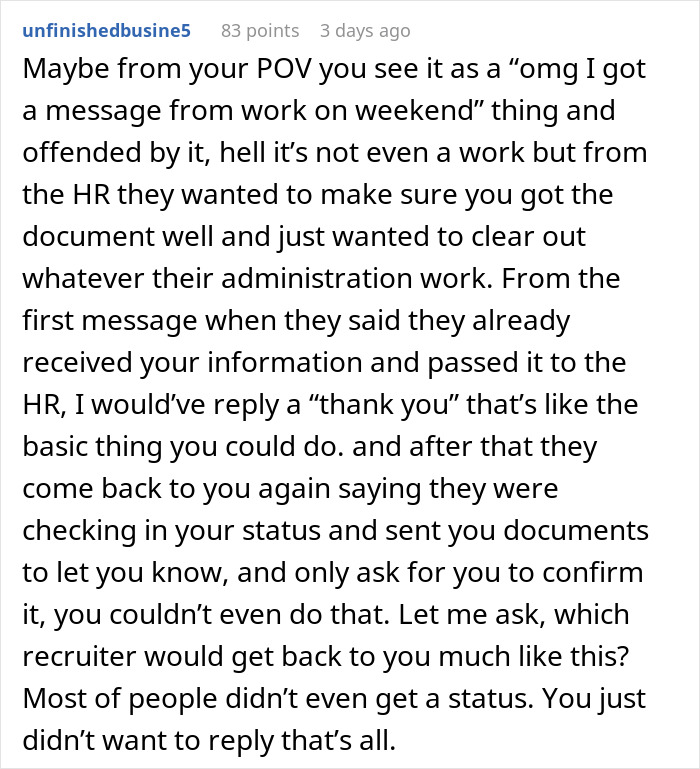 Reddit comment discussing getting a work message on the weekend before starting a job. Reddit comment discussing getting a work message on the weekend before starting a job.
