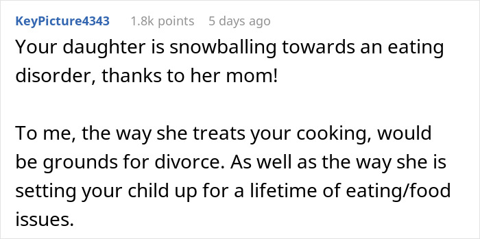 Reddit comment discussing concerns about eating disorders and cooking-related complaints. Reddit comment discussing concerns about eating disorders and cooking-related complaints.