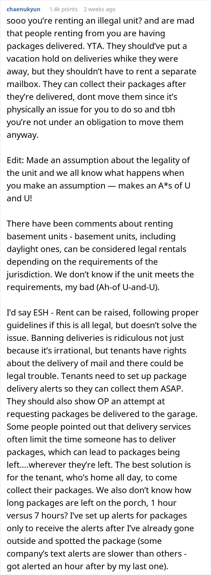 Reddit comment discussing shopaholic tenants causing issues for a landlady renting a basement unit. Reddit comment discussing shopaholic tenants causing issues for a landlady renting a basement unit.