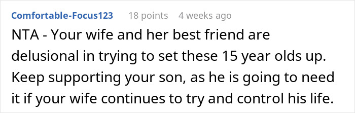 Text from an online comment supporting a dad in a family drama about his son not liking a family friend's daughter. Text from an online comment supporting a dad in a family drama about his son not liking a family friend's daughter.