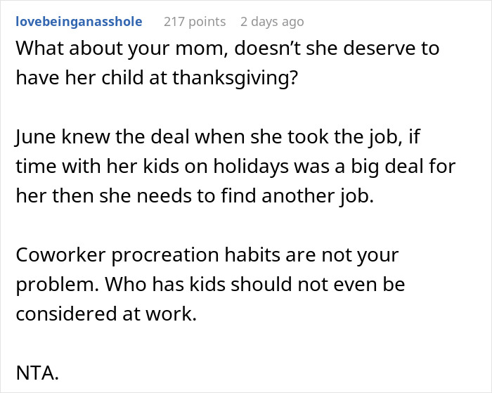 Mom Wants Coworker To Cover Her On Holiday Because She Doesn’t Have Kids, Gets A Reality Check Mom Wants Coworker To Cover Her On Holiday Because She Doesn’t Have Kids, Gets A Reality Check