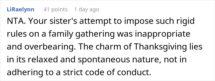 Reddit comment critiquing strict Thanksgiving rules for family gatherings. Reddit comment critiquing strict Thanksgiving rules for family gatherings.