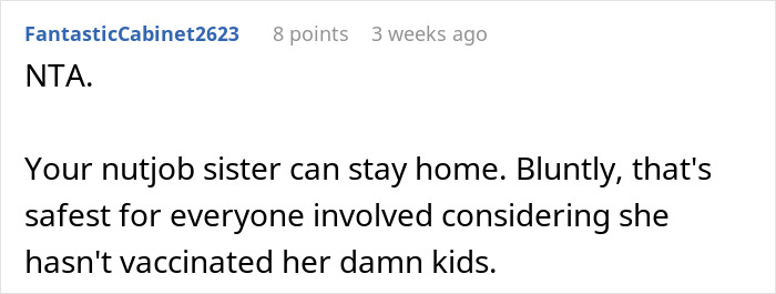 Mom Refuses To Accommodate Anti-Vax Sister’s Kids By Excluding Her Own “Sick” Son From Wedding Mom Refuses To Accommodate Anti-Vax Sister’s Kids By Excluding Her Own “Sick” Son From Wedding
