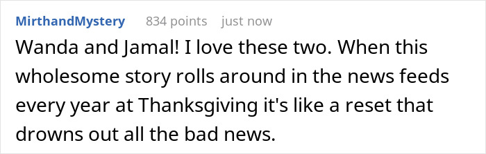 A heartwarming Reddit comment about viral strangers Wanda and Jamal and their Thanksgiving tradition. A heartwarming Reddit comment about viral strangers Wanda and Jamal and their Thanksgiving tradition.