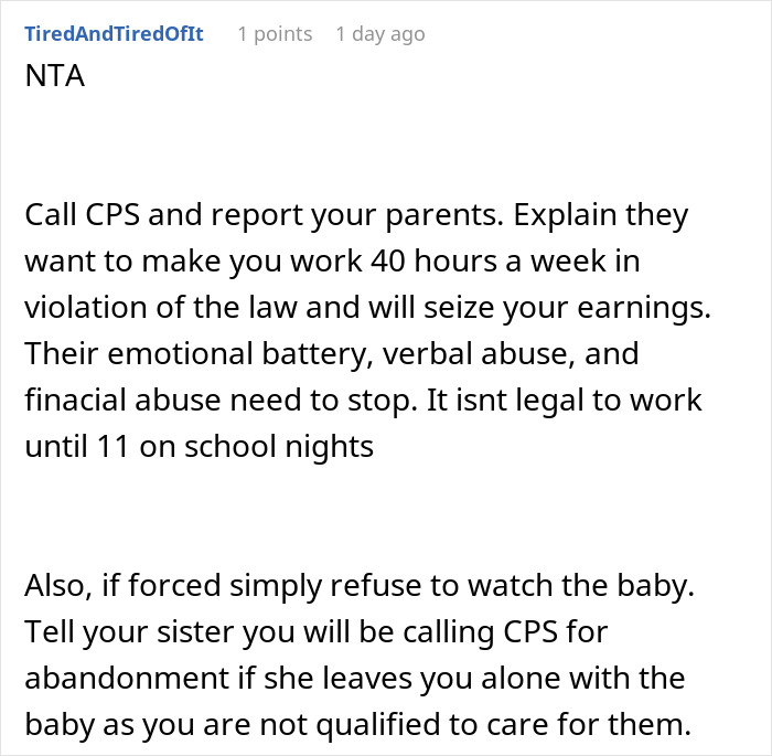 Reddit comment advising a teen brother on legal rights against abuse and forced work, related to changing his name for a baby. Reddit comment advising a teen brother on legal rights against abuse and forced work, related to changing his name for a baby.