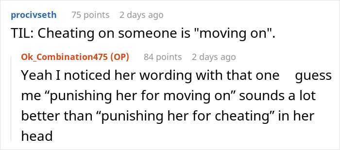 Reddit conversation about entitlement and cheating with user comments discussing perspectives. Reddit conversation about entitlement and cheating with user comments discussing perspectives.