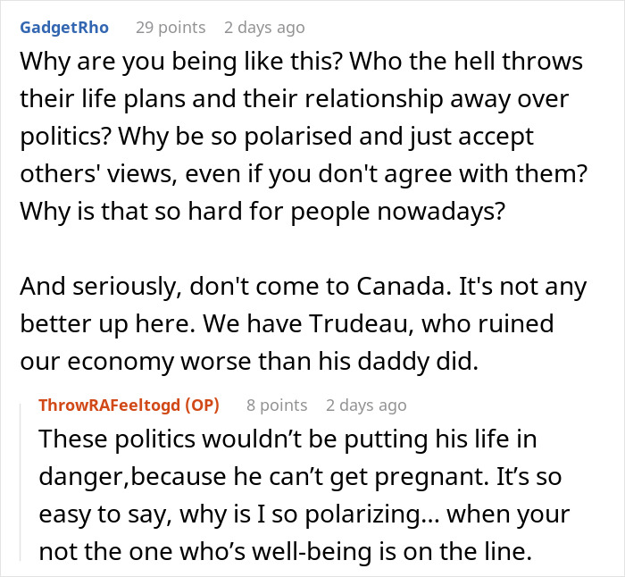 Reddit discussion on life plans and relationships, with users debating polarized views and politics. Reddit discussion on life plans and relationships, with users debating polarized views and politics.