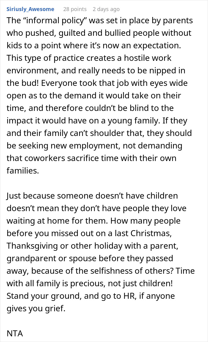 Mom Wants Coworker To Cover Her On Holiday Because She Doesn’t Have Kids, Gets A Reality Check Mom Wants Coworker To Cover Her On Holiday Because She Doesn’t Have Kids, Gets A Reality Check