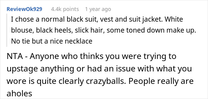 Comment discussing wedding guest attire, mentioning a black suit and reaction to outfit choice. Comment discussing wedding guest attire, mentioning a black suit and reaction to outfit choice.