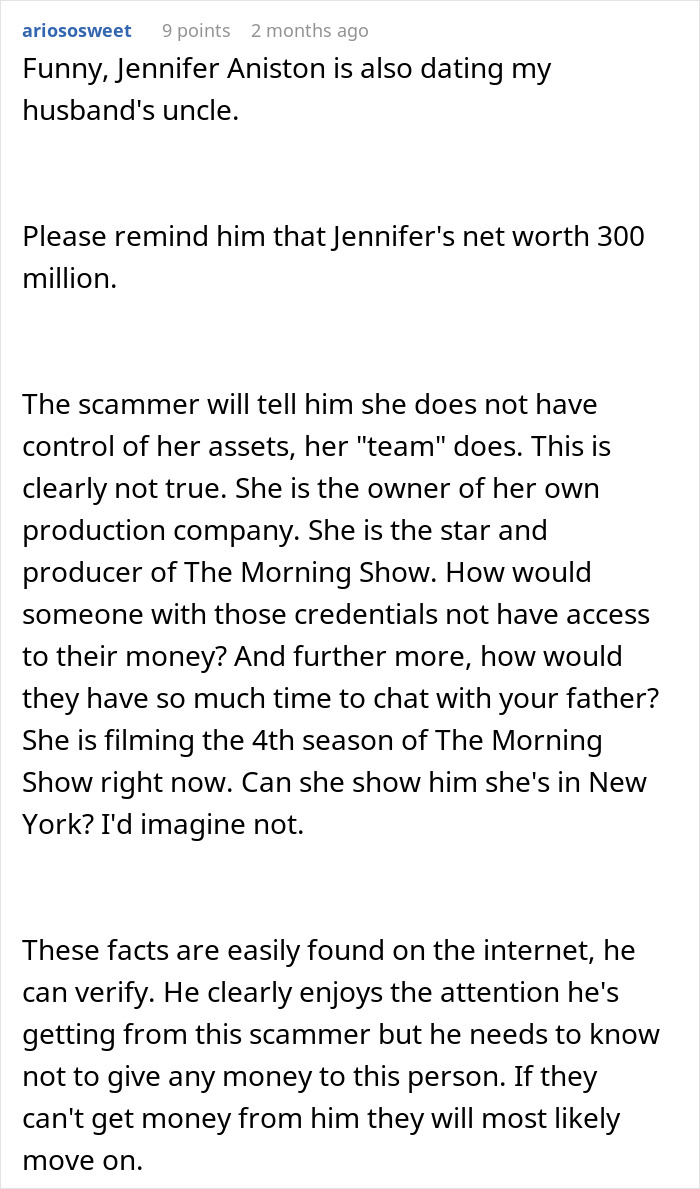Text conversation discussing a scam involving Jennifer Aniston, highlighting the elderly dad's vulnerability. Text conversation discussing a scam involving Jennifer Aniston, highlighting the elderly dad's vulnerability.