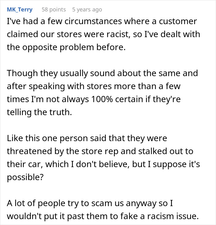 Text post discussing experiences with customer complaints and potential store racism issues. Text post discussing experiences with customer complaints and potential store racism issues.