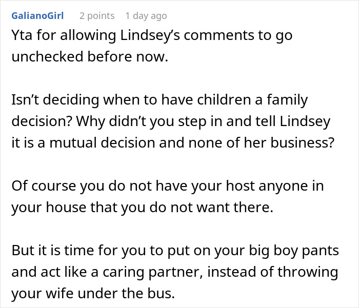 Reddit comment discussing family decision and rudeness in relationship dynamics. Reddit comment discussing family decision and rudeness in relationship dynamics.