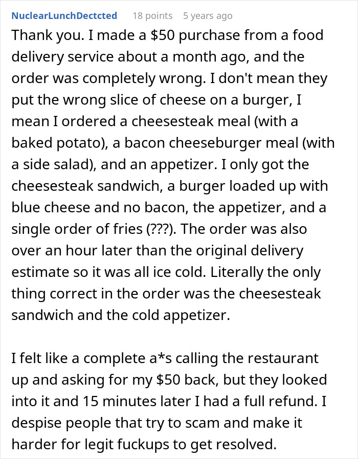 Text detailing a woman's experience with a wrong food delivery order and seeking a refund. Text detailing a woman's experience with a wrong food delivery order and seeking a refund.