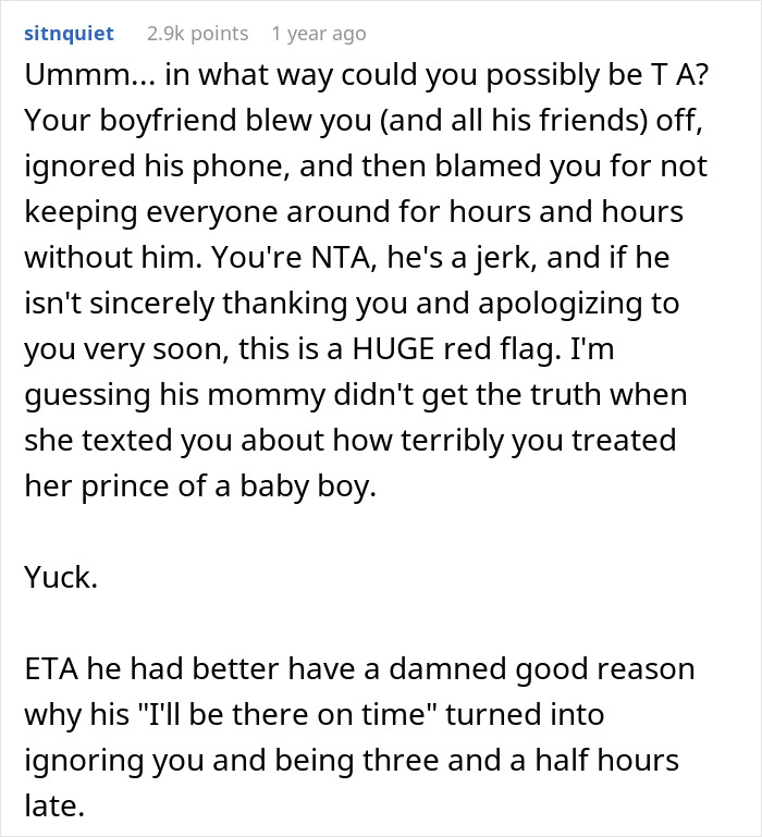 Woman Cancels BF’s Party Because He Was Late, Gets A Text From His Mom Woman Cancels BF’s Party Because He Was Late, Gets A Text From His Mom