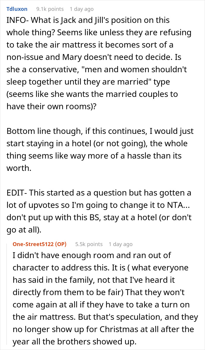 Comment thread discussing family holiday sleeping arrangements and air mattress issues. Comment thread discussing family holiday sleeping arrangements and air mattress issues.