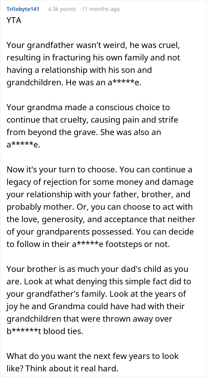 Text message discussing a grandmother revealing secrets and impacting a son's inheritance. Text message discussing a grandmother revealing secrets and impacting a son's inheritance.